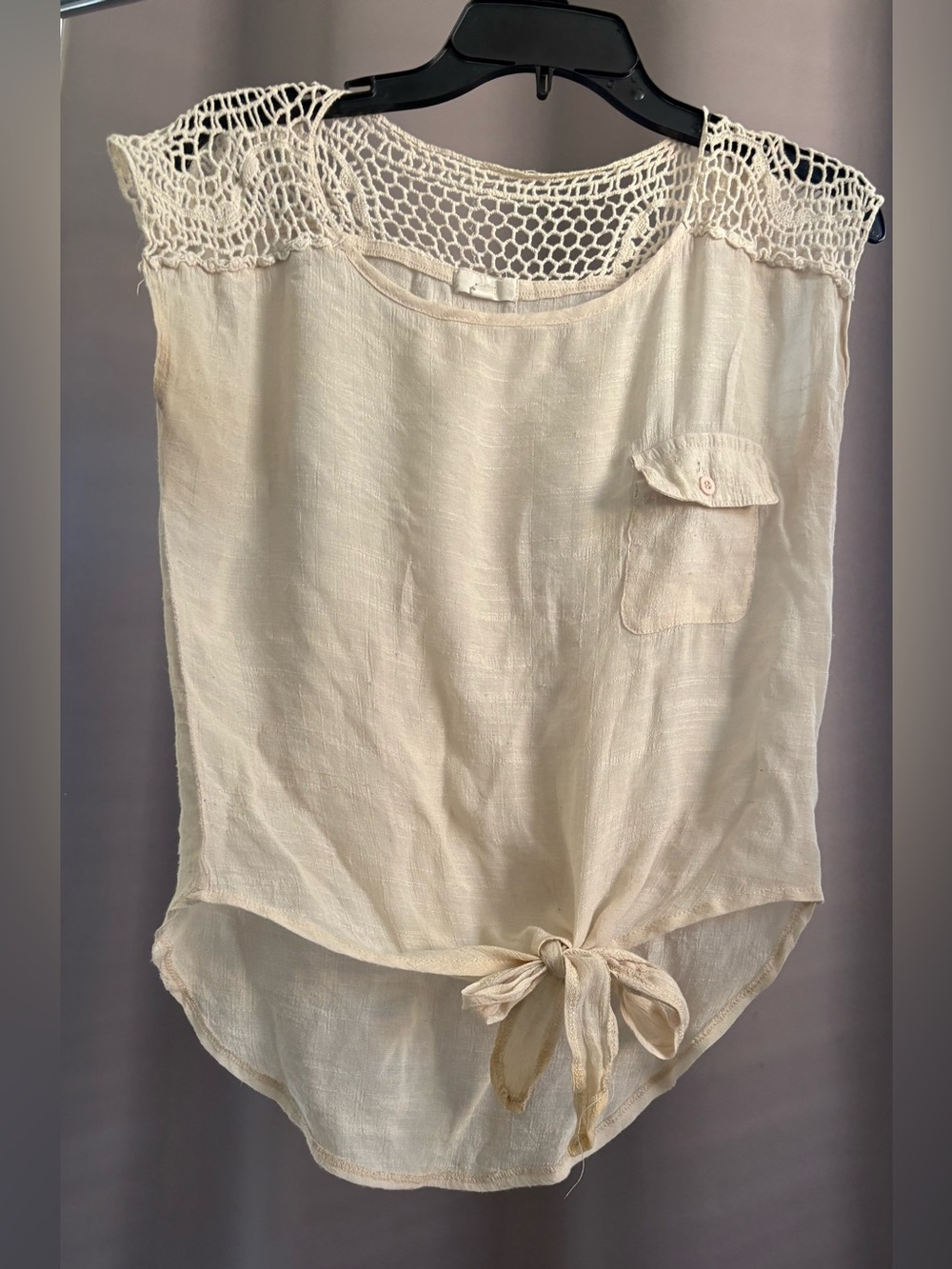 MINE Crochet Lace Yoke Tie Front Linen Blend Sleeveless Crop Top Cream Medium